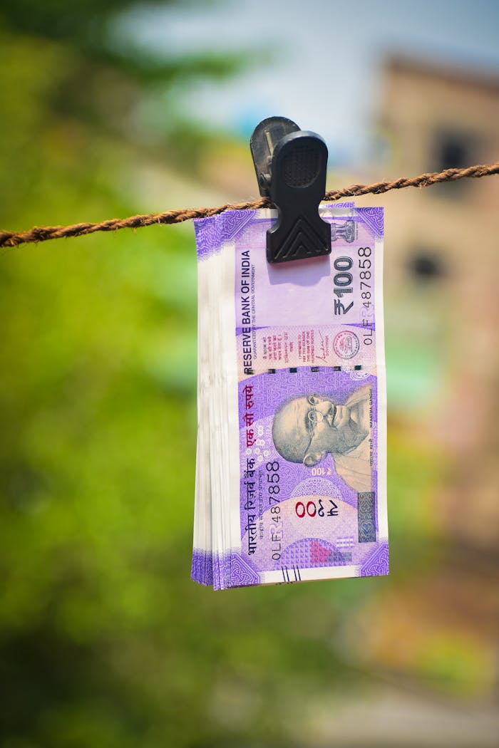 Close-up of Indian 100 rupee notes clipped on a rope outdoors in Kolkata.